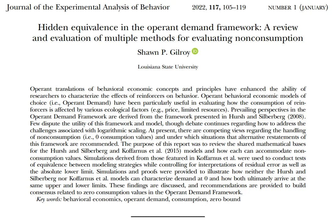 preprint preview for Hidden equivalence in the operant demand framework: A review and evaluation of multiple methods for evaluating nonconsumption